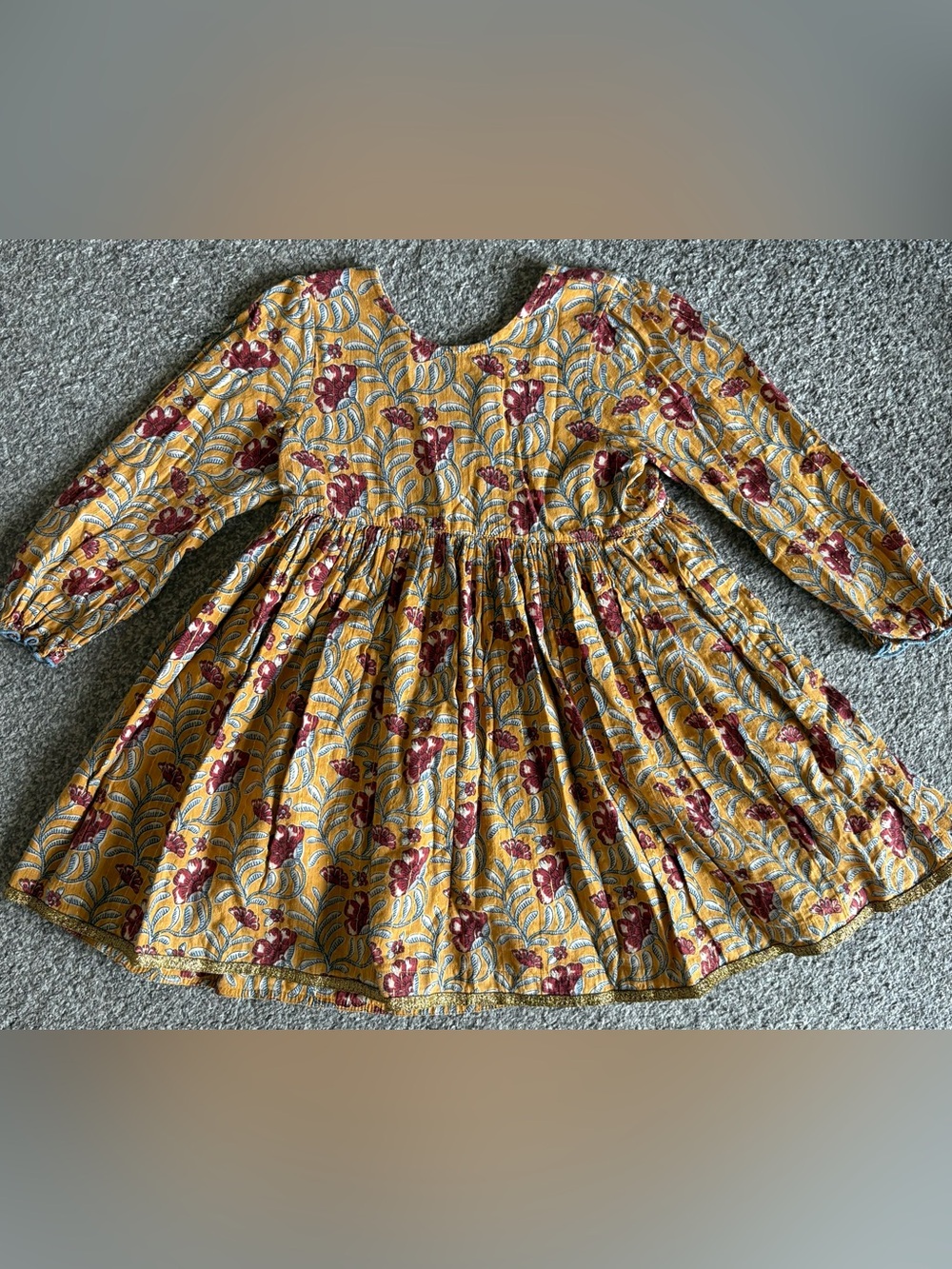 Pink Chicken Yellow Floral Long-Sleeve Girls Dress with Burgundy Accents